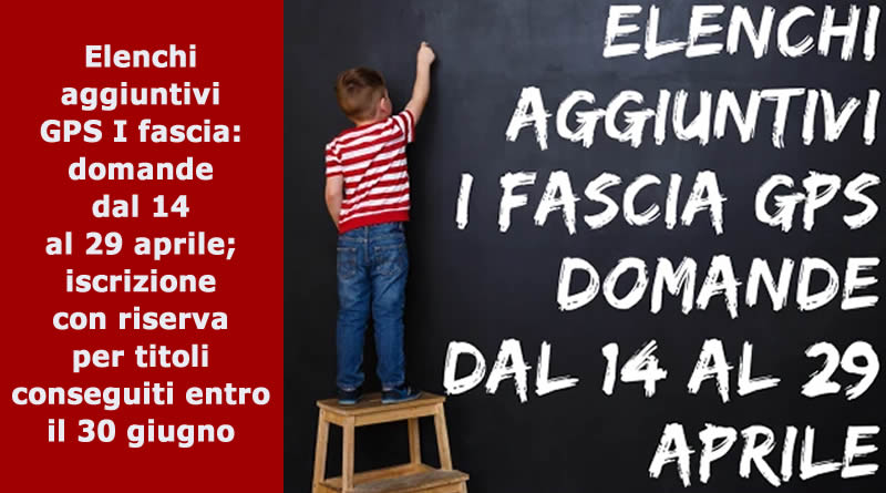 Elenchi aggiuntivi GPS I fascia: domande dal 14 al 29 aprile; iscrizione con riserva per titoli conseguiti entro il 30 giugno